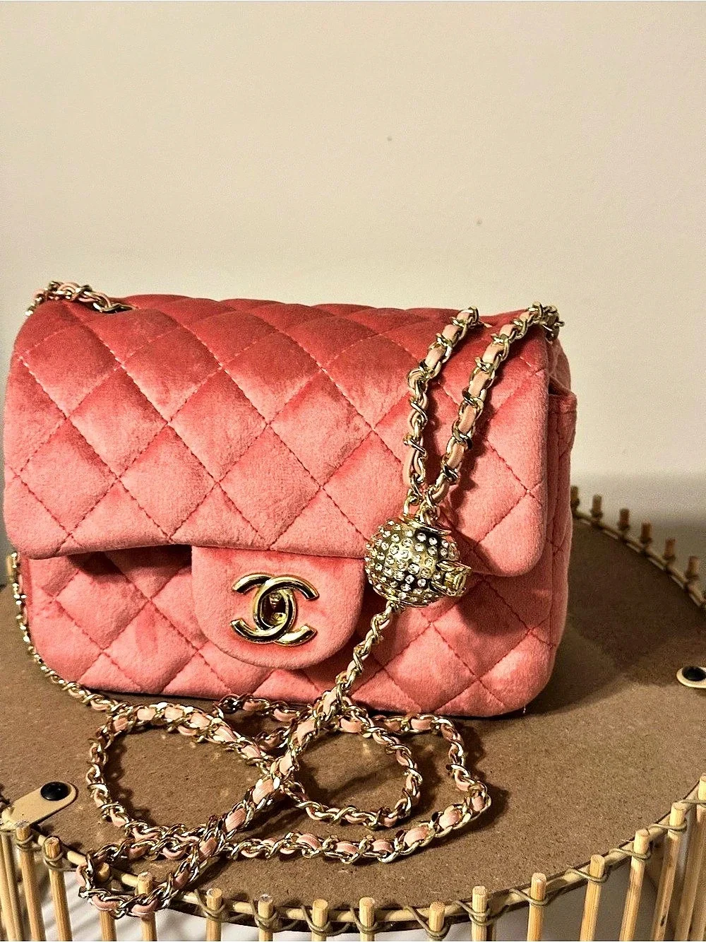 Chanel Velvet Quilted Mini Square Pearl Crush Flap Bag Pink